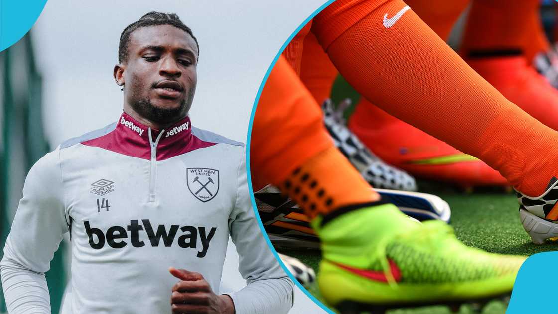 West Ham United forward Mohammed Kudus is set to donate 1,000 football boots in Nima. Photos by West Ham United FC and Laurence Griffiths.