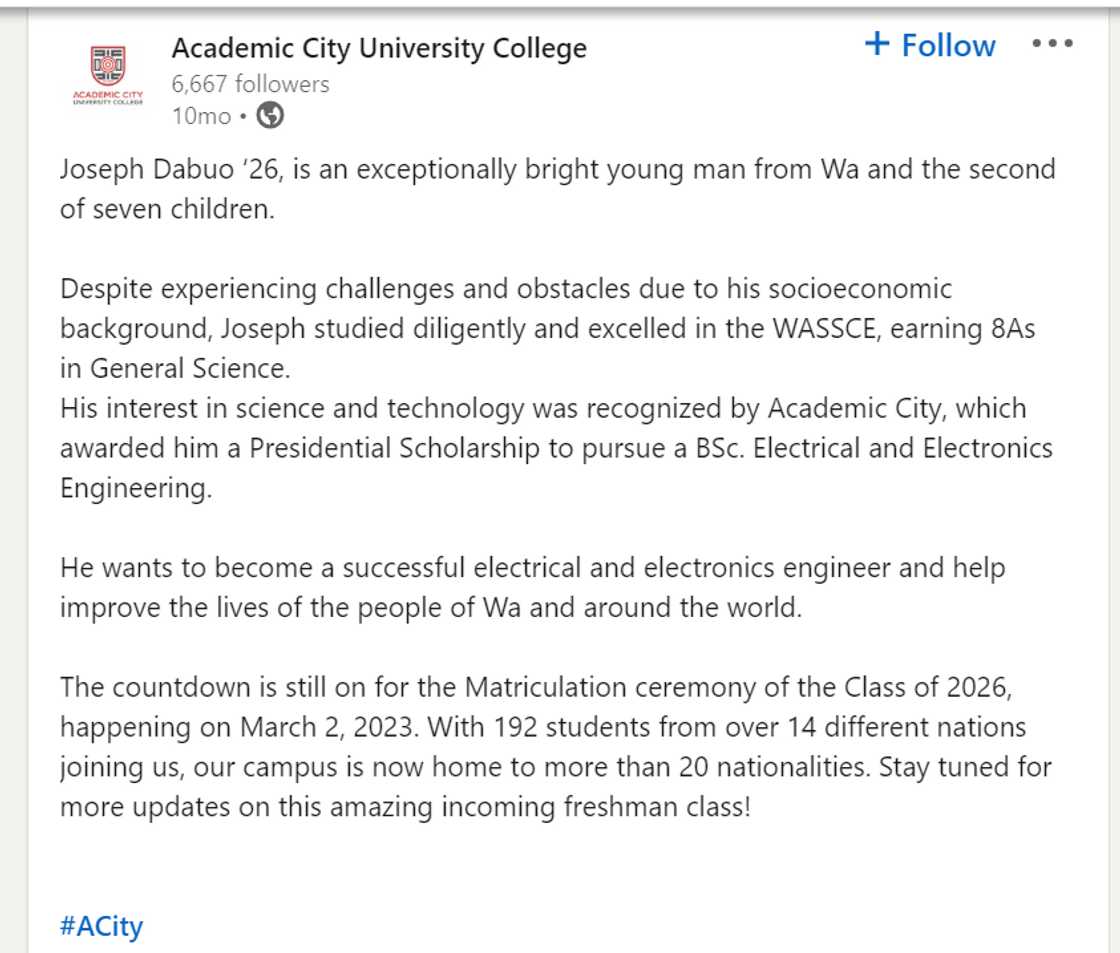 LinkedIn post by Academic City University College.