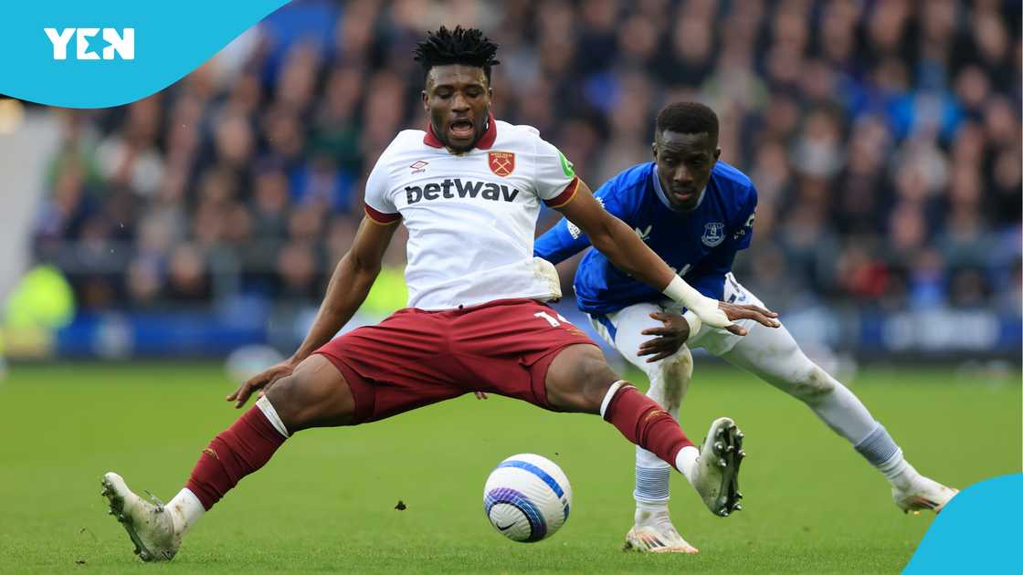 Mohammed Kudus of West Ham United is challenged by Idrissa Gueye of Everton during the Premier League match at Goodison Park on March 15, 2025, in Liverpool, England. Mohammed Kudus of West Ham United is challenged by Idrissa Gueye of Everton during the Premier League match at Goodison Park on March 15, 2025, in Liverpool, England.