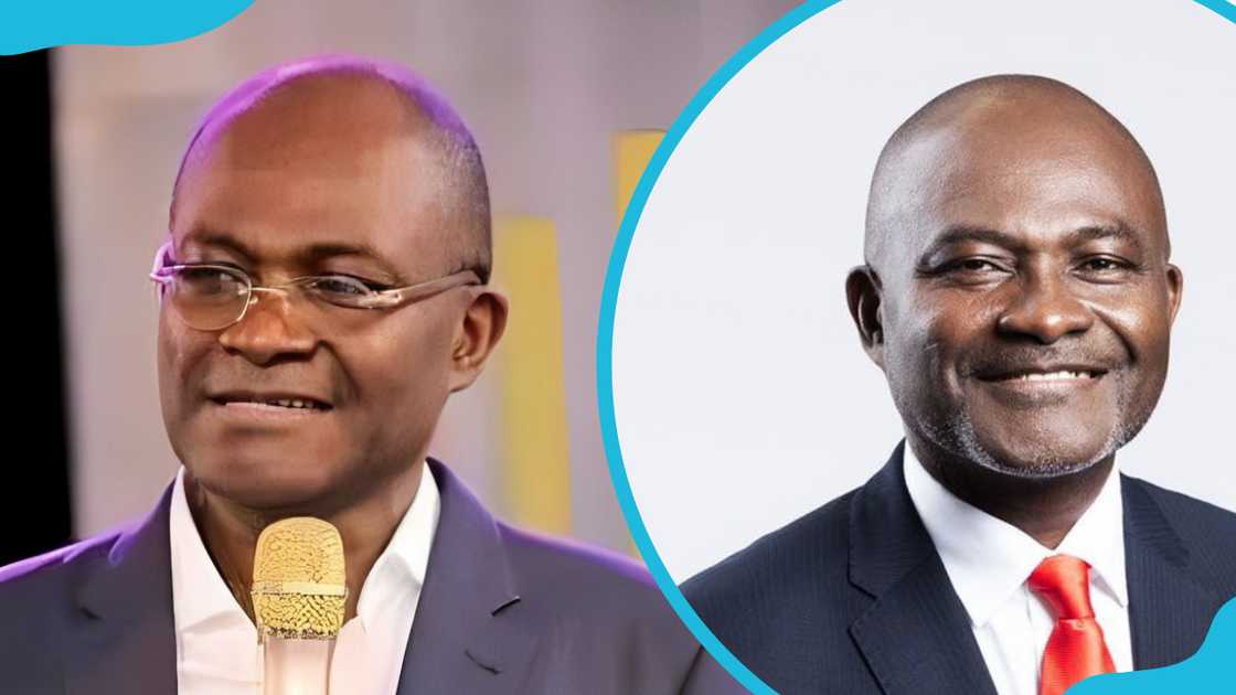 Kennedy Agyapong is holding a microphone (L). Kennedy poses for a portrait (R)