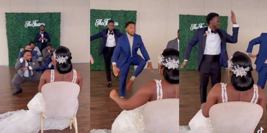 Groom, attendant dances for bride in amazingly choreographed moves. Groom, attendant dances for bride in amazingly choreographed moves.