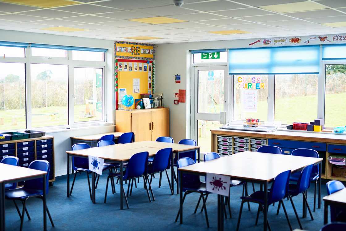 Tidy tables and chairs arranged in school classroom