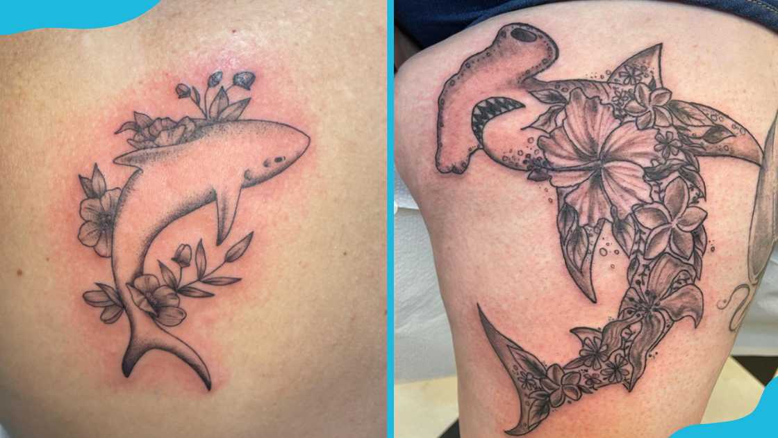 Shark tattoo with floral accents Shark tattoo with floral accents