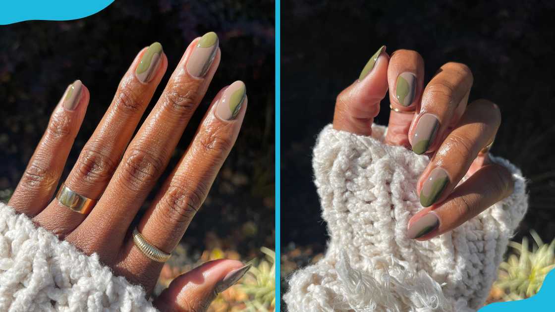 Earthy elegance green nail art Earthy elegance green nail art