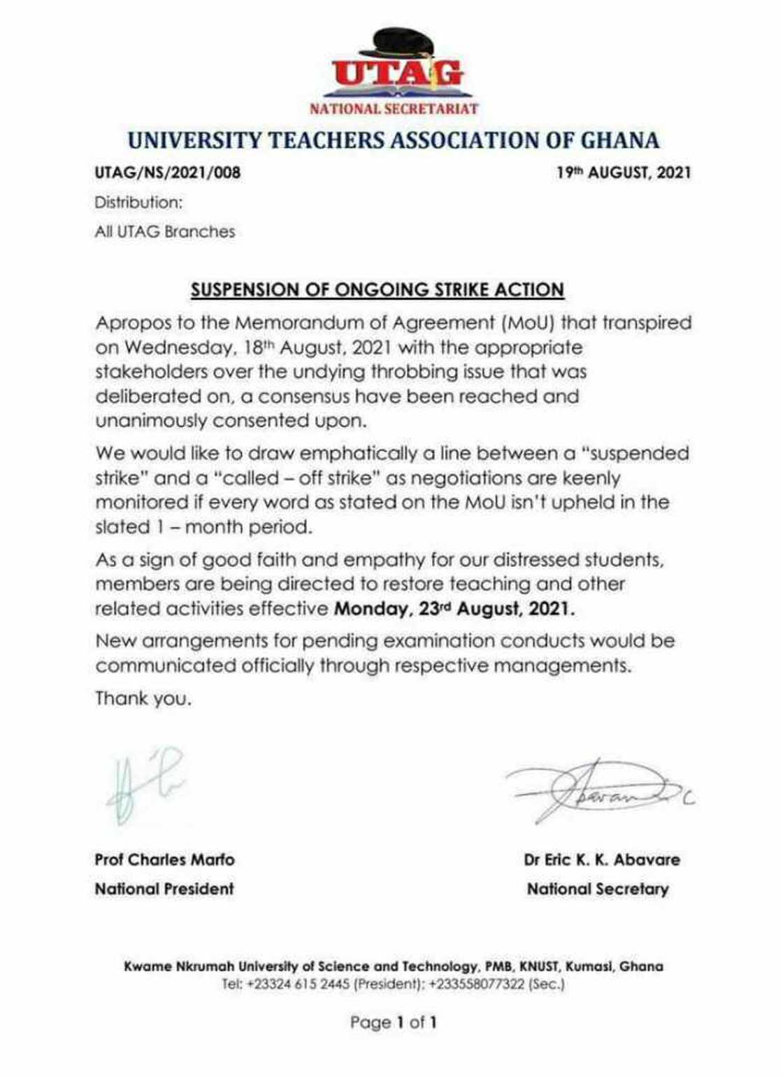 UTAG suspends ongoing strike; lecutures to return on Monday UTAG suspends ongoing strike; lecutures to return on Monday