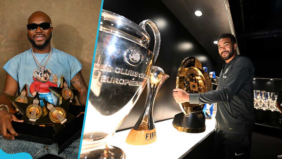 King Promise shows off Chelsea's trophy cabinet in London in a video
