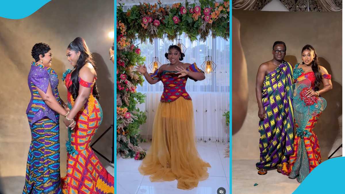 Apostle Amoako Attah's wife grabs attention at her daughter's wedding with her short hairstyle and glittering kente gown