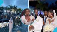 Pretty bride slaying in a stylish lace gown and short hairstyle arrives on a yacht for her lavish wedding at Ada