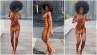 Very tall lady in 'perfect' African wear busts dance moves; peeps react to video