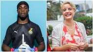 Black Stars goalie Ati Zigi and Swiss Ambassador Giger Simone spotted buying roasted plantain