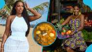 Hilda Baci rocks Kente and speaks fluent Twi as she prepares fufu and light soup in her plush kitchen
