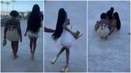 Shapely lady in thick heels trips and falls flat, opens legs in video; many react with emotions