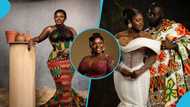 Ghanaian bride looks classy in a red corseted gown by Nigerian designer Veekee James for her reception party