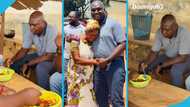 Abirem constituency MP Charles Asuako Owiredu and his crew eat Gobɛ at a food joint by the roadside
