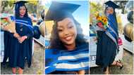 Determined lady earns 3 degrees from university in one day; flaunts her beauty in grad gown; peeps react