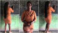 Female teacher with perfect shape writes on blackboard, TikTok video goes viral