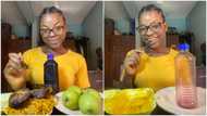 Lady finishes full plate of food, 2 slices of fish and big bottle of zobo, photos stir reactions