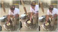 Obroni schoolboy turns fufu like a pro, video wows many Ghanaians as he does it with all seriousness