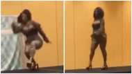 Video captures 'thick' lady falling off with stage while modelling in high heels