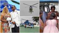 Beautiful videos drop as Ghanaian bride flies in a helicopter, rocks 'ankara' gown for her classy wedding