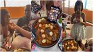 Hajia Bintu and friends cause frenzy online as they eat massive fufu with meat and eggs