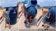 Tank falls on lady while she did the #DropItChallenge, funny video stirs reactions