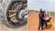 Man riding motorbike from London to Africa loses rear tire as he gets closer, now stuck, shares photo