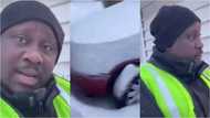 Dwefon snow nkoa: Ghanaian condemns misuse of money sent home as he struggles through snow to work