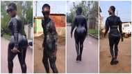 Celebrity recreation: Ghanaian comedian replicates actress Destiny Etiko's black leather look in new video