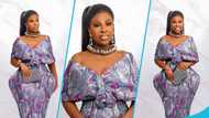 Lady rocks a stunning purple gown with oversized hips, photos cause a stir on social media