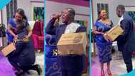 Oheneba Jude kneels, gifts McBrown a box and thanks her for helping him land a new job at Onua TV, videos