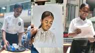 Man draws young beautiful lady who is a restaurant worker, stunning portrait makes her smile in video