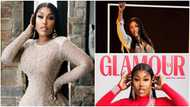 Ghanaian musician Fantana looks exquisite in a red dress on the cover of Glamour Magazine