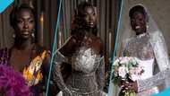 Ghanaian bride with dark skin looks radiant in white sparkly gown and short hair for her garden wedding