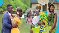 Diana Hamilton's sister-in-law flaunts her voluptuous figure in stylish kente with lace sleeves and bow tie for her wedding