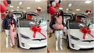 Lady shows off GH₵450k Tesla car she was gifted on Val's day, photos spark massive reactions