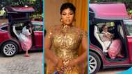 Empress Gifty challenges Agradaa's Lexus, shows how her Tesla's door opens, video