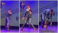 Schoolboy in long sleeves nails Amapiano dance on stage with sweet body moves in cute clip, leaves peeps in awe