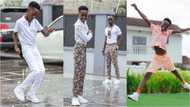 Okyeame Kwame’s son matches him boot for boot in new photo as he behaves just like him; musician confused