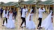 Ghana wedding: Groom amused after seeing how friends run during bouquet toss tradition: “Stop running from marriage”