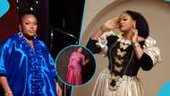 TV host MzGee looks magnificent in a pink corset lace gown and heavy makeup