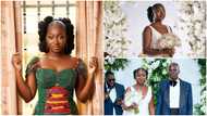 Ghanaian bride walks down the aisle in a beaded kente and backless white gown