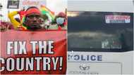 Ghana police bus with "for hiring" poster shocks #Fixthecountry campaigner