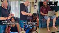 Obroni man perfectly braids wife's hair at home, video melts hearts: "Does he need another wife?"