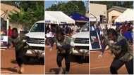 Ghana's Strongest: Super strong Doris Nartey Pulls A Heavy Toyota Hilux Truck; Folks Awed