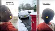 "Let him taste it": Nigerian kid sees snow falling abroad, calls it garri, father quickly corrects him in clip