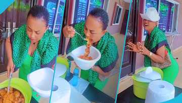 Nana Ama McBrown eats jollof rice from a large helmet shaped bowl in hilarious video