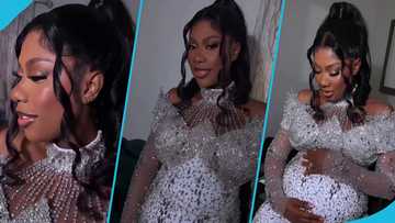 Selly Galley turns heads as she flaunted her baby bump in a white star-studded dress fro her baby shower