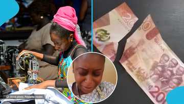 Young Ghanaian lady cries after accidentally cutting GH¢200 while sewing, video trends