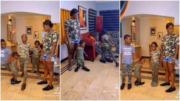 Oga’s shoes don suffer: Hilarious reactions as Mercy Johnson and kids wear her hubby’s shoes in funny video